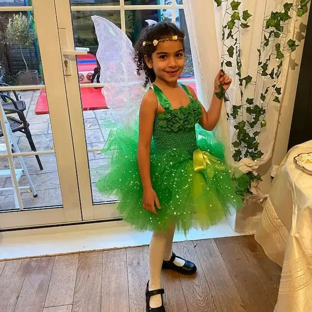 Girls Green Glitter Tutu Dress  with Butterfly Wing Set
