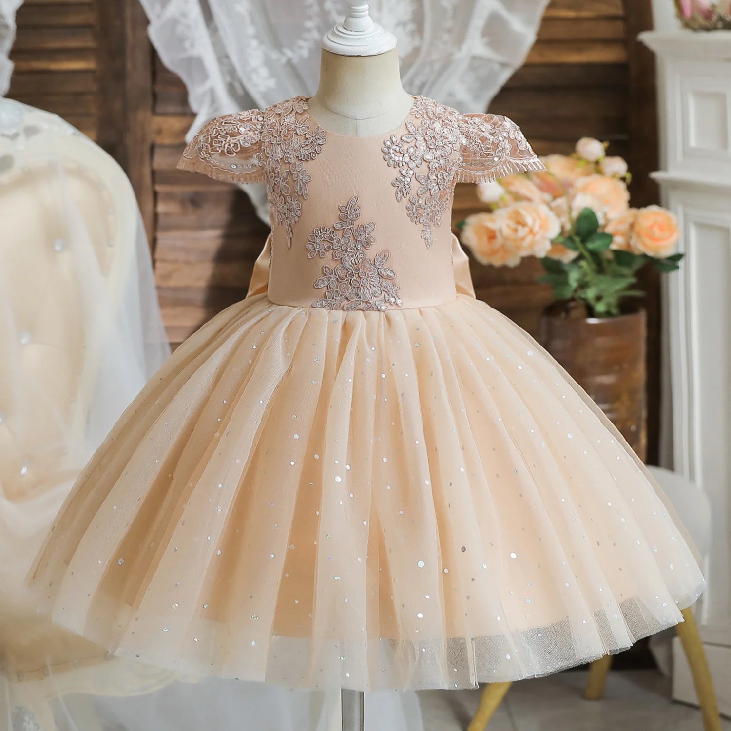 Cute Bow Princess Lace Tulle Short Dress For Girls  1-5 Year