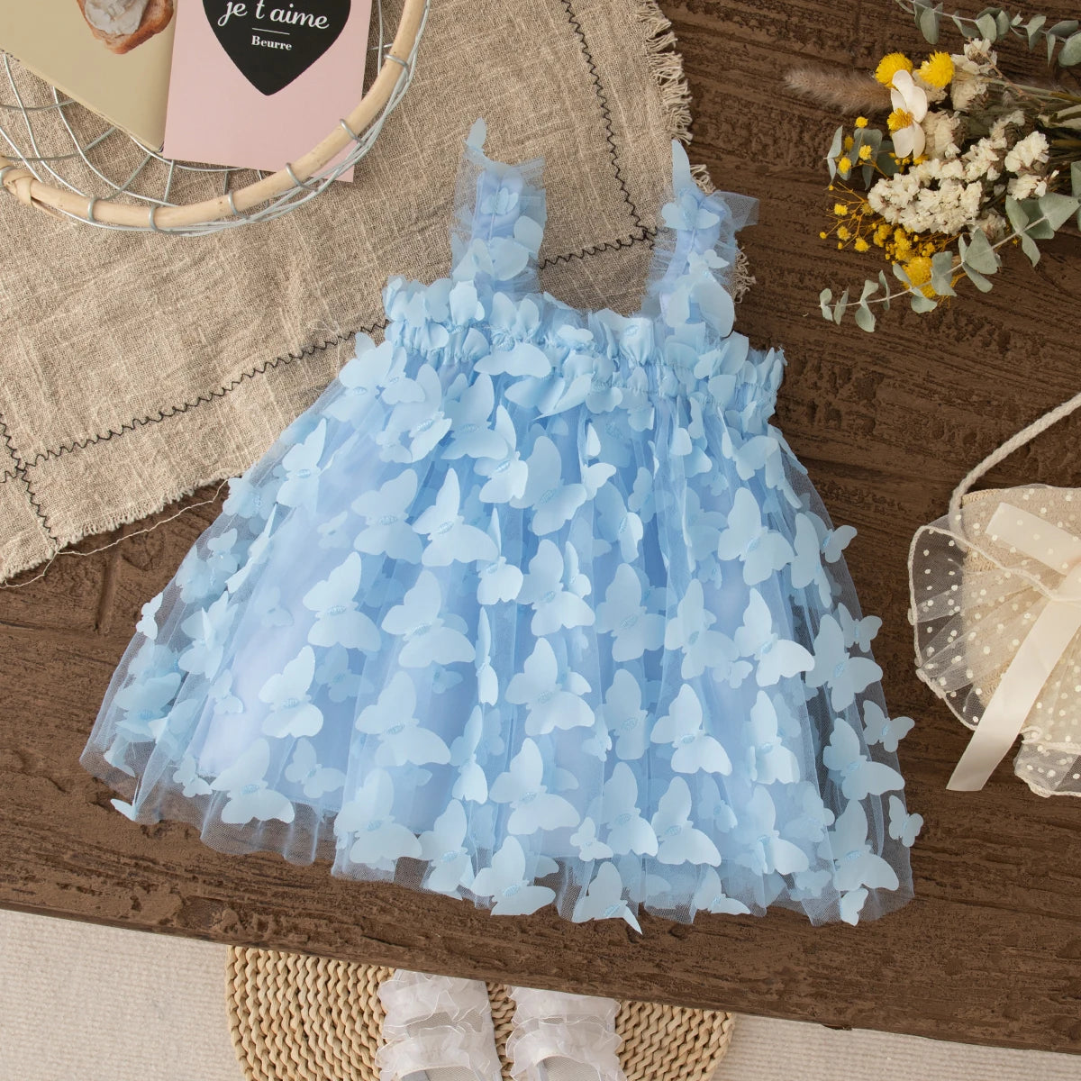 Full Print Butterfly Halter Solid Color Fluffy Girl Dress