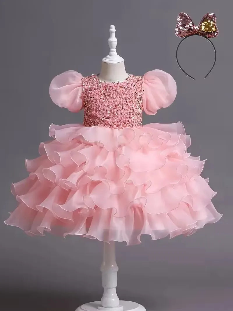 Girls Sequined Party Ball Dress With Big Bow Headband