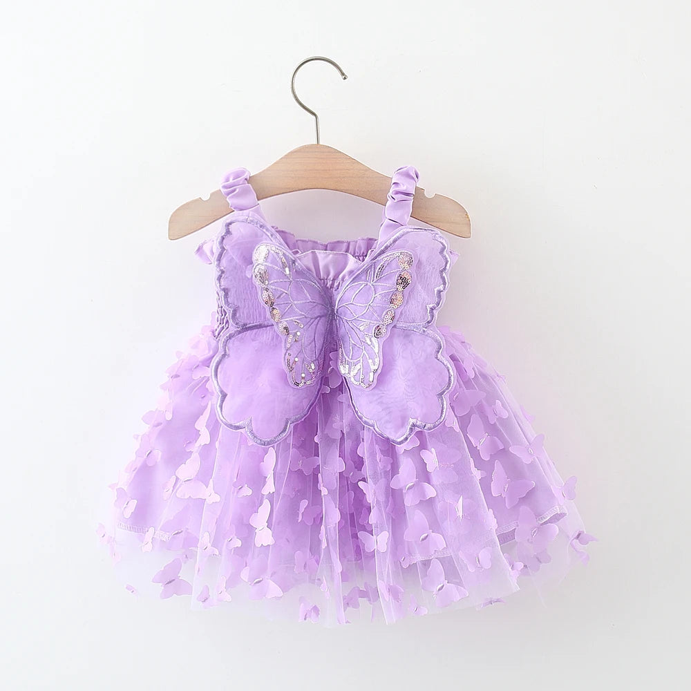 Back Bow Wing Embroidery Mesh Solid Color Strap Mesh Dress 0-3 Years Old