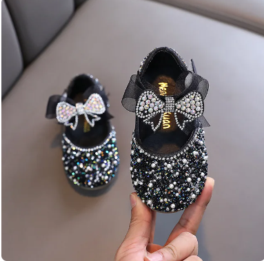 Leather Rhinestone Girls Bowknot Shoes