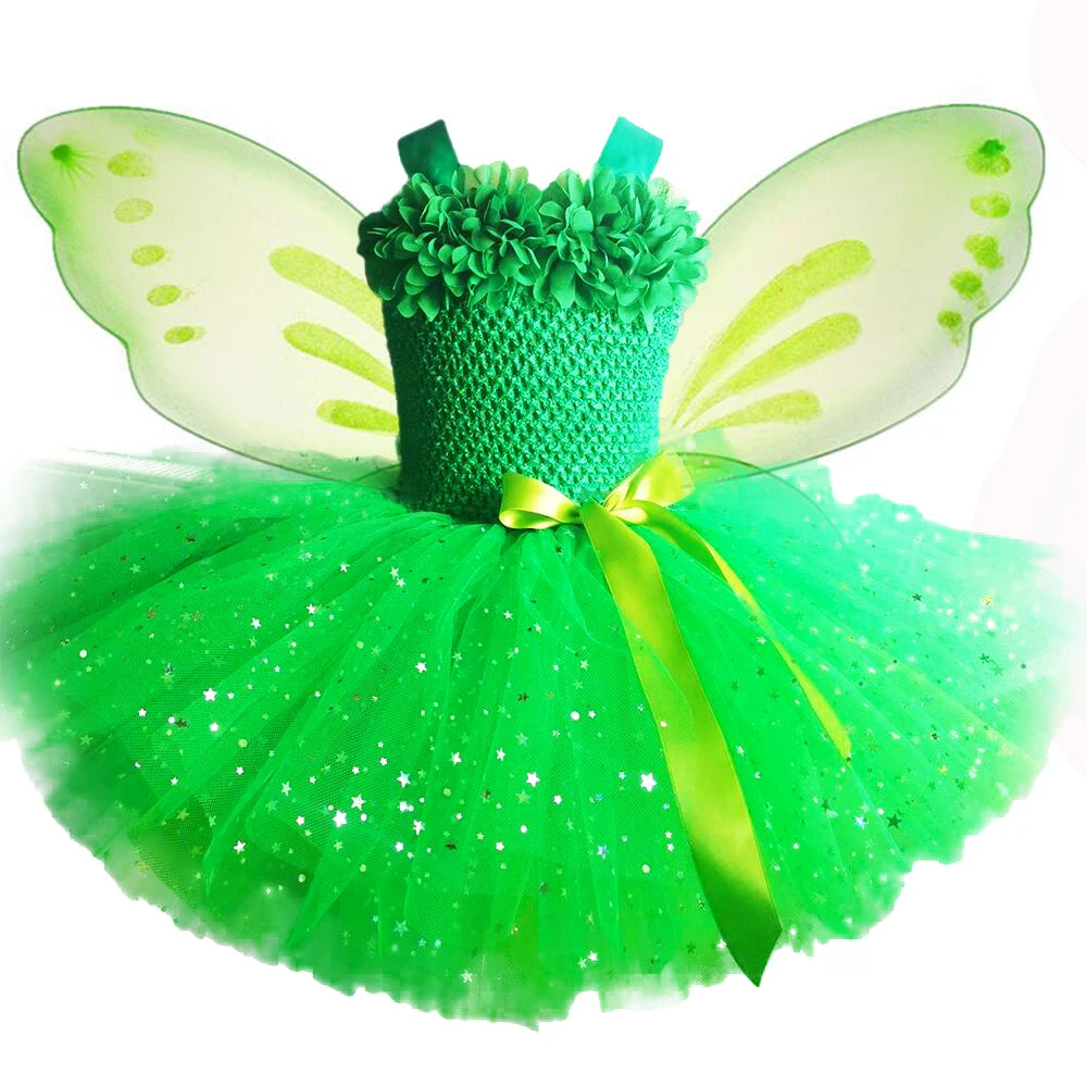 Girls Green Glitter Tutu Dress  with Butterfly Wing Set