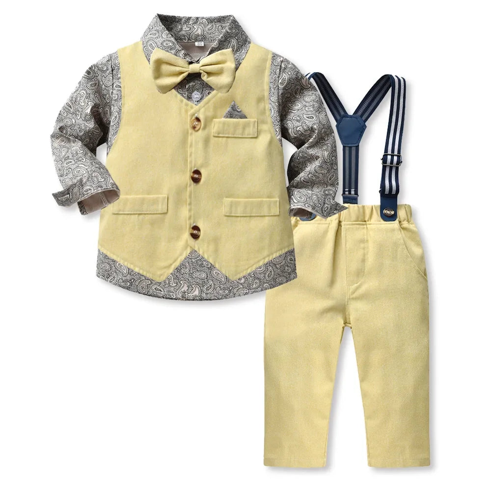 Boy Suit 70-140cm Flower Shirt and Strap Pants with Vest and Bow Tie