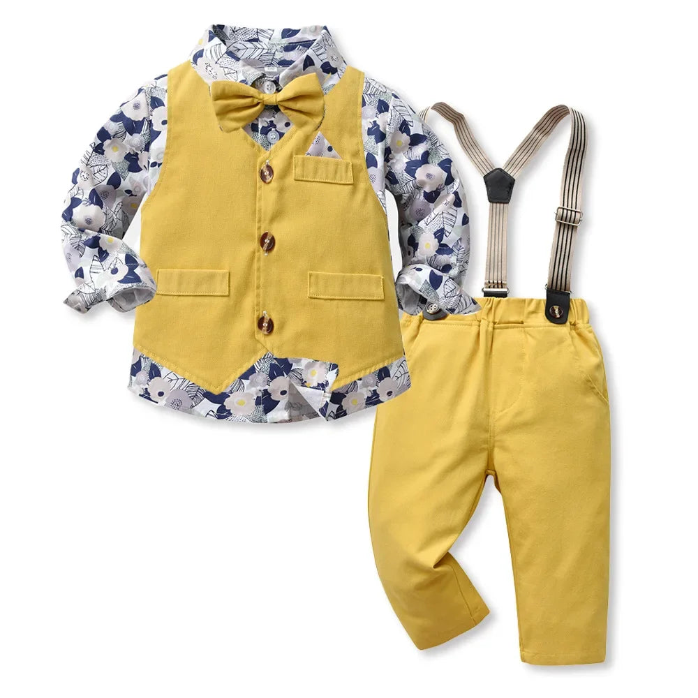 Boy Suit 70-140cm Flower Shirt and Strap Pants with Vest and Bow Tie