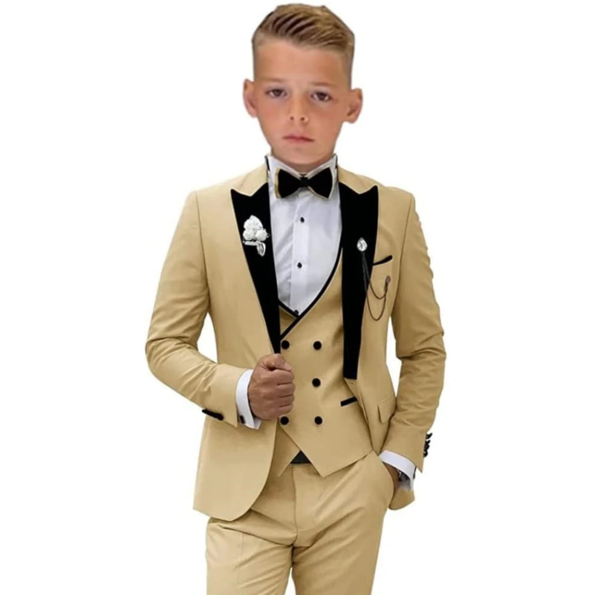 Four Pieces Boys Formal Suit Set, Velvet Collar Blazer Suits 3-14 Years