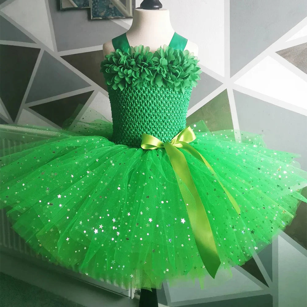 Girls Green Glitter Tutu Dress  with Butterfly Wing Set