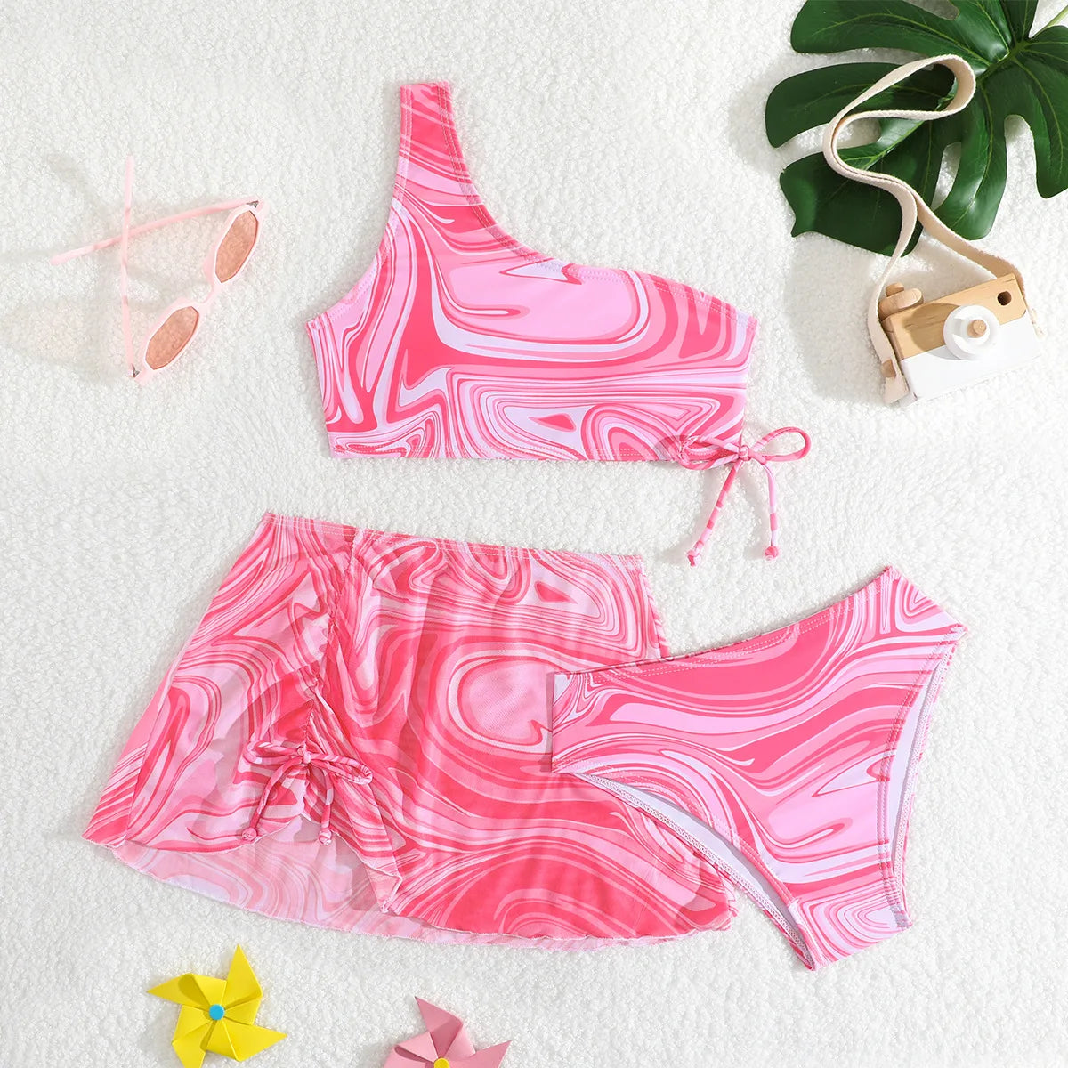 Girls 3pack Ripple Print One Shoulder High Waist Bikini Kids Swimsuit 7-12 Years Children's Swimwear