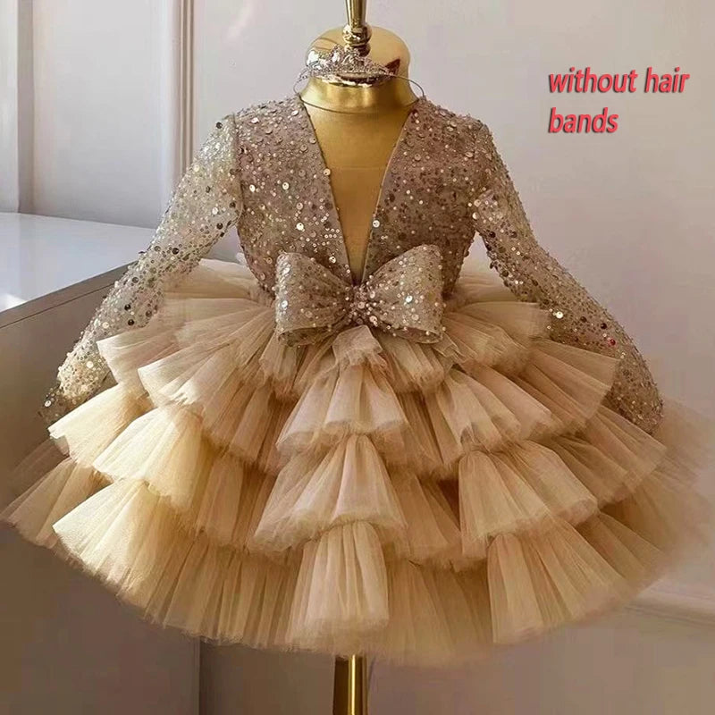 Long Sleeve Sequins Bow Girls
