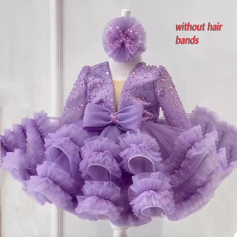 Long Sleeve Sequins Bow Girls