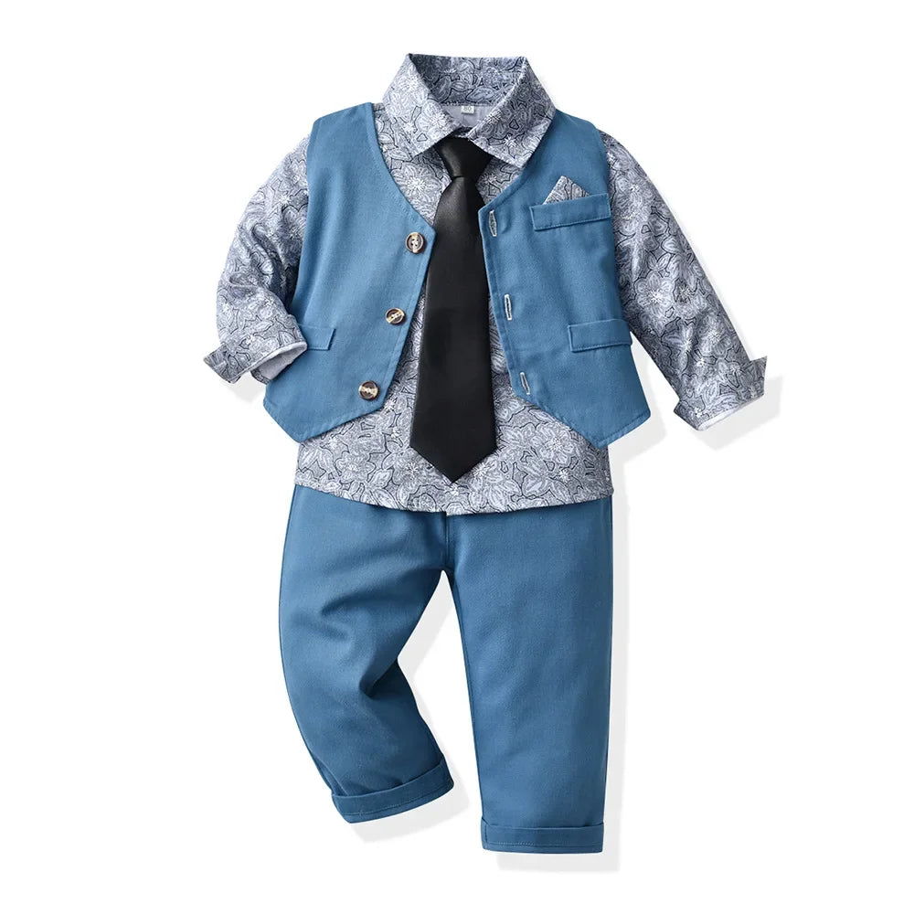 Boy Suit 70-140cm Flower Shirt and Strap Pants with Vest and Bow Tie