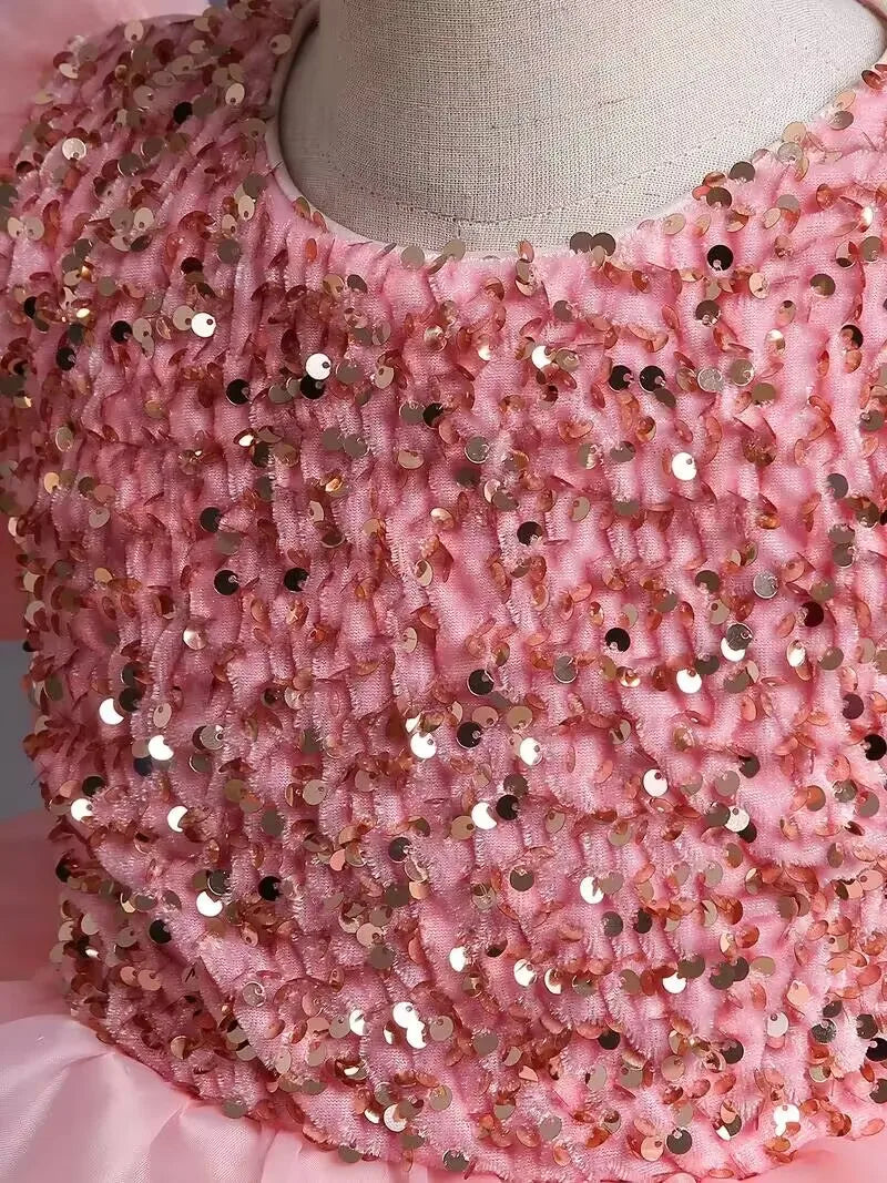 Girls Sequined Party Ball Dress With Big Bow Headband