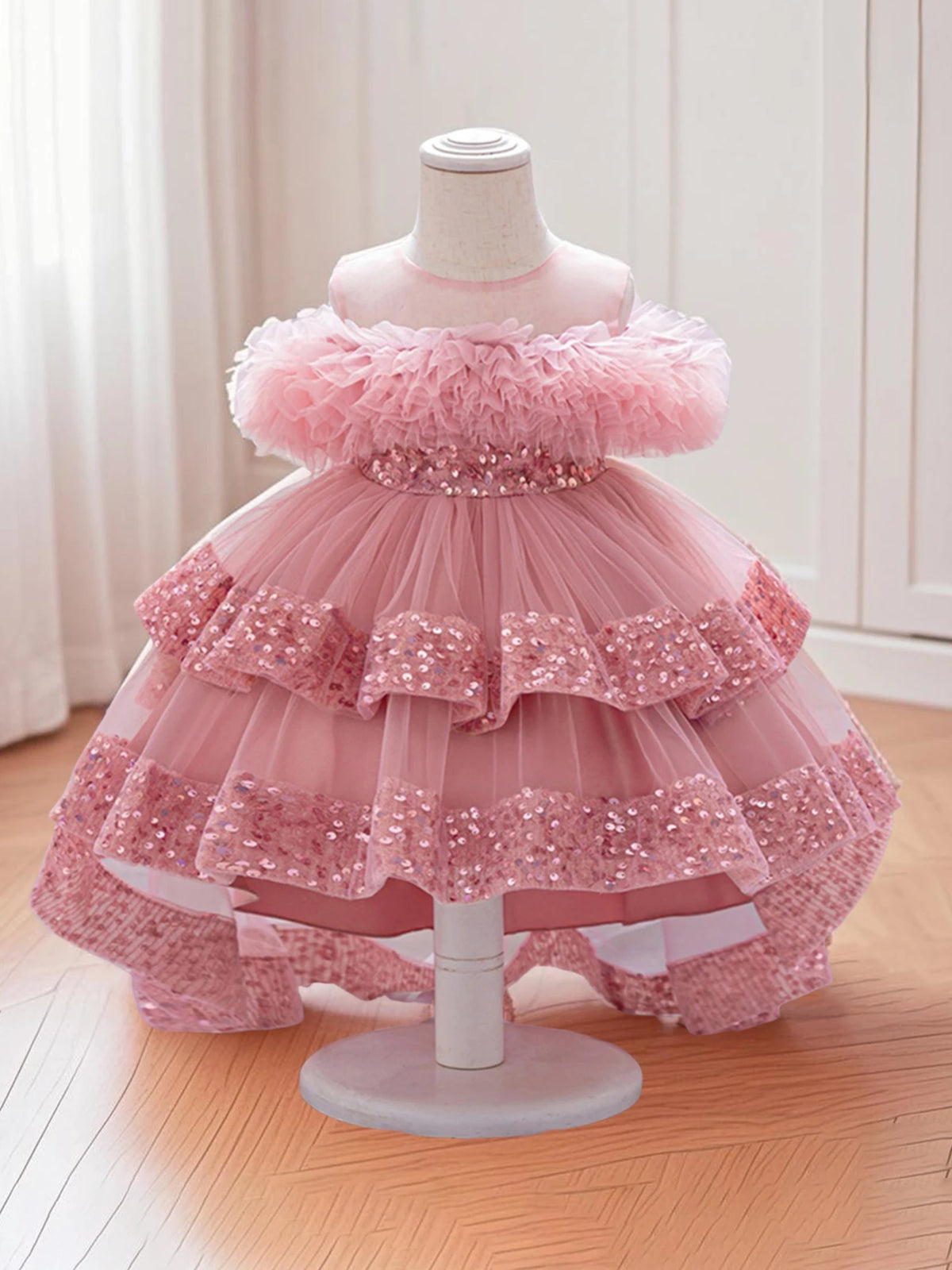 Girls Sparkly Sequin Princess Dress with Tulle Skirt and High-Low Hemline