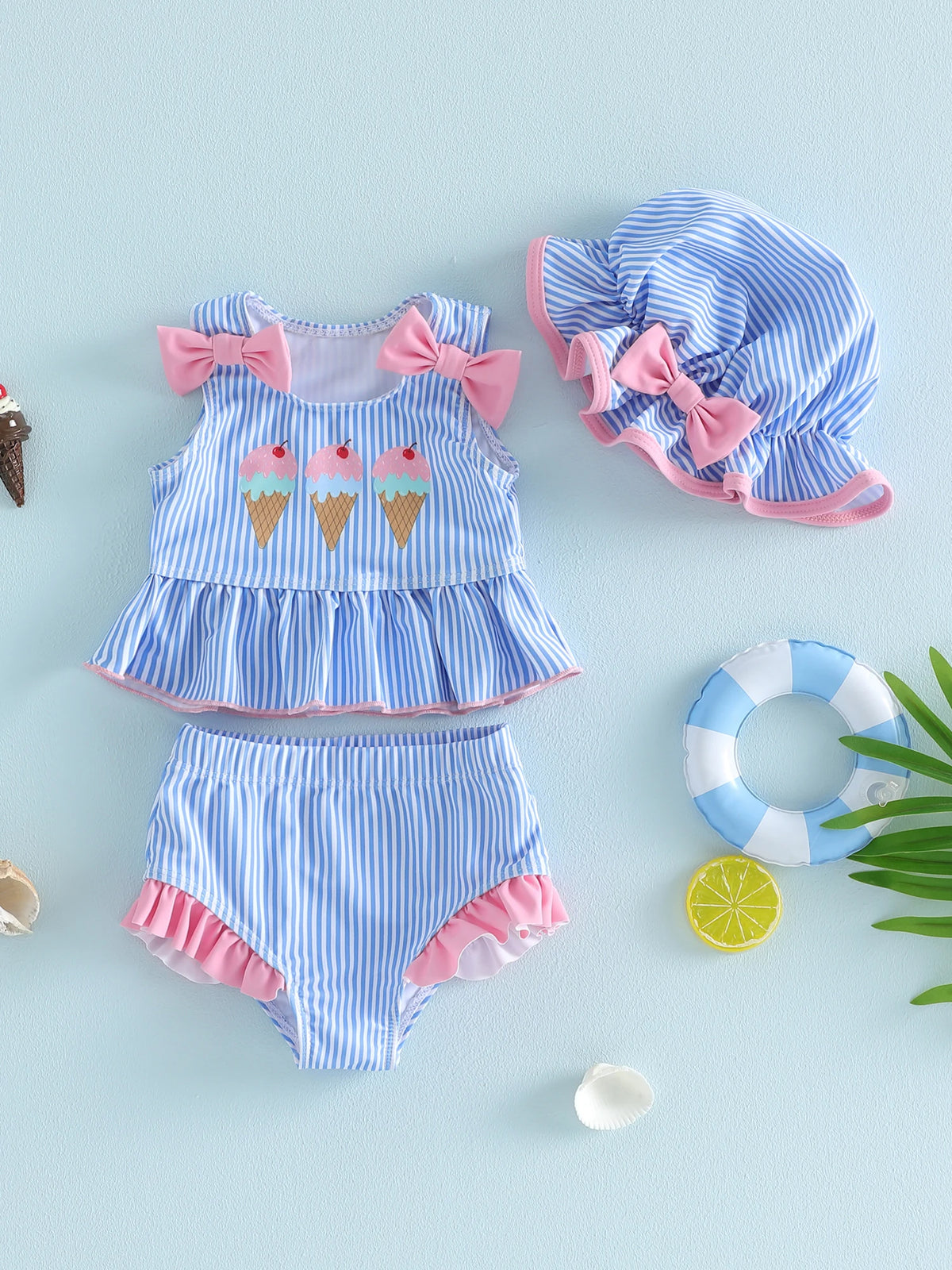 Girls Swimsuit Watermelon Print Ruffle Top with Polka Dot Bottoms and Matching Sun Hat