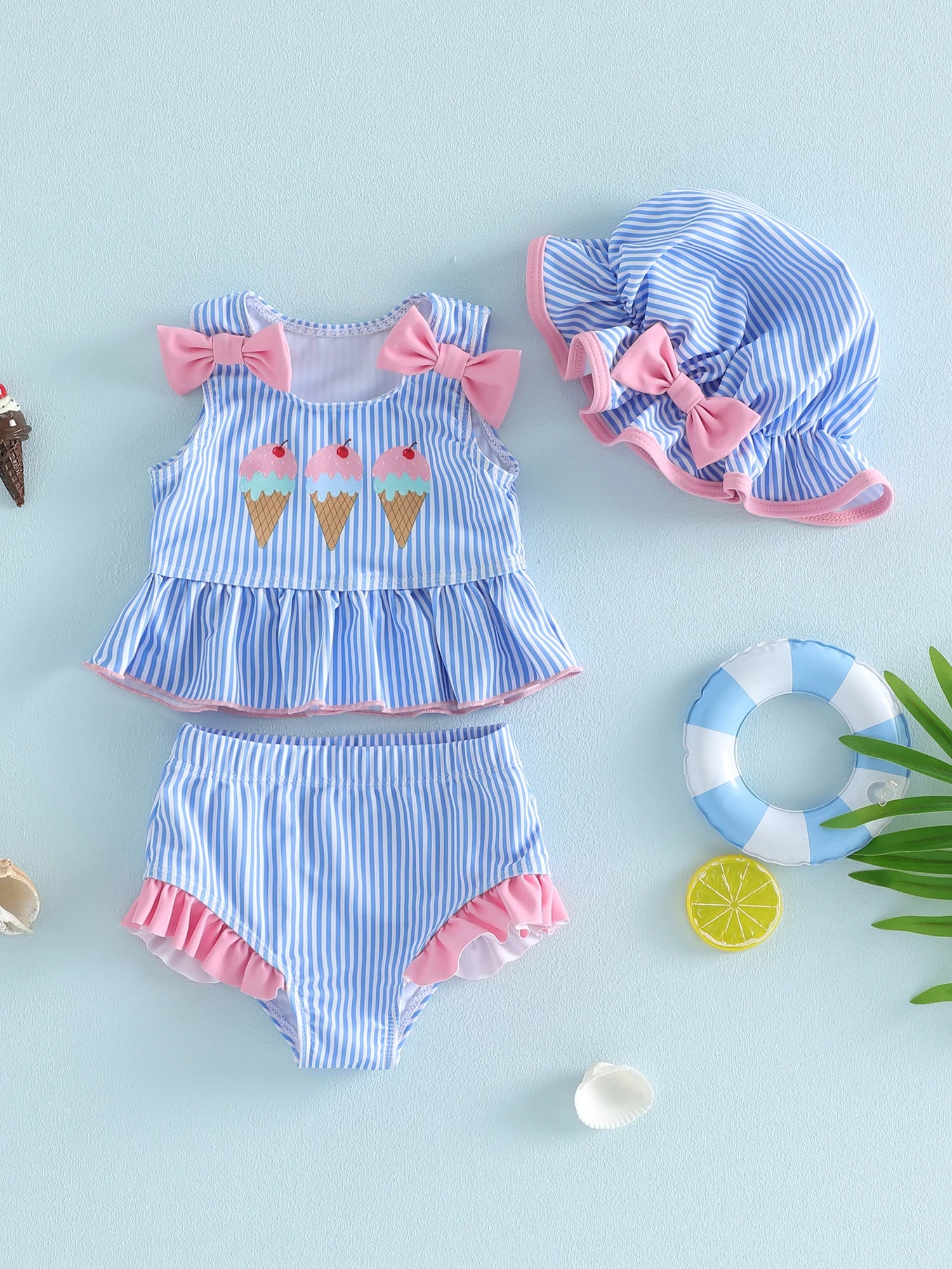 Girls Swimsuit Watermelon Print Ruffle Top with Polka Dot Bottoms and Matching Sun Hat