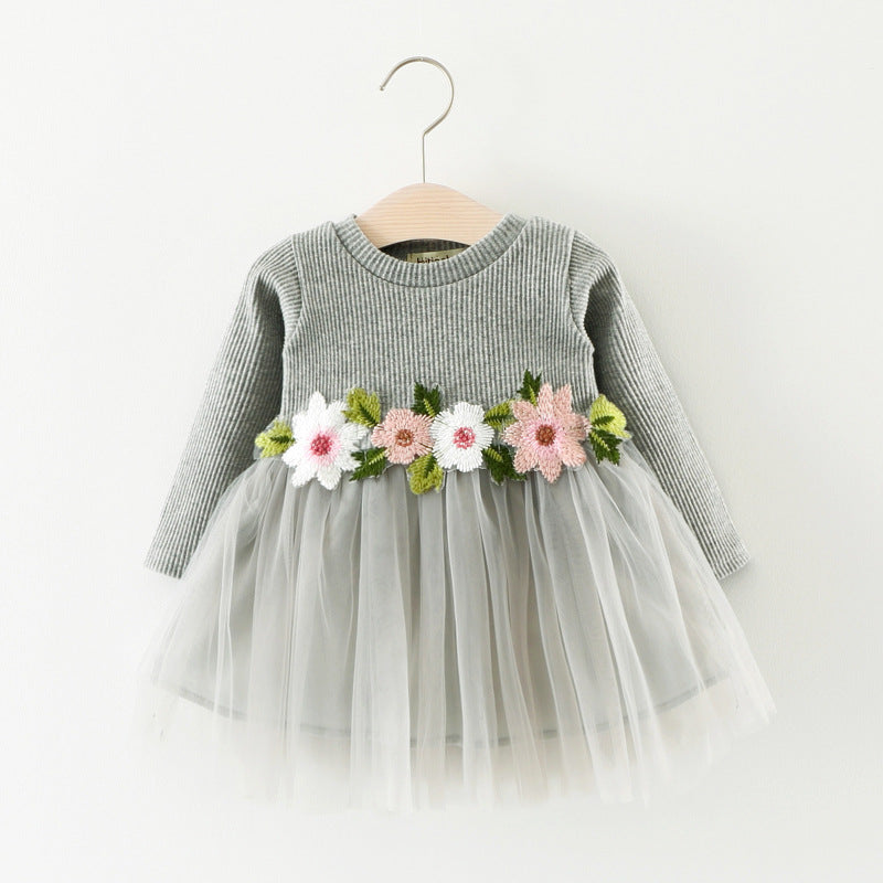 Children's Waist Flower Long Sleeve Dress