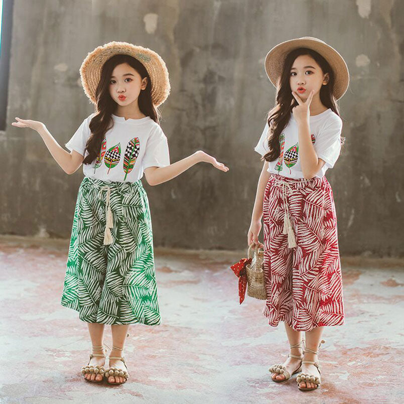 Summer Girls Short Sleeve Printed  2pcs
