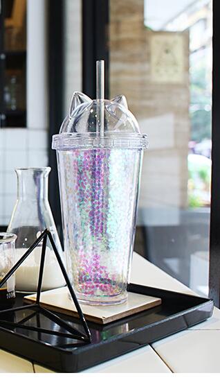 Cat Ear Double Drinking Bottle with Straw Flash