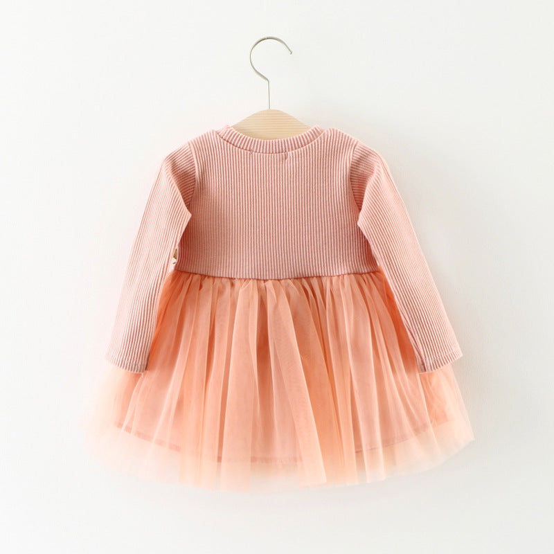 Children's Waist Flower Long Sleeve Dress