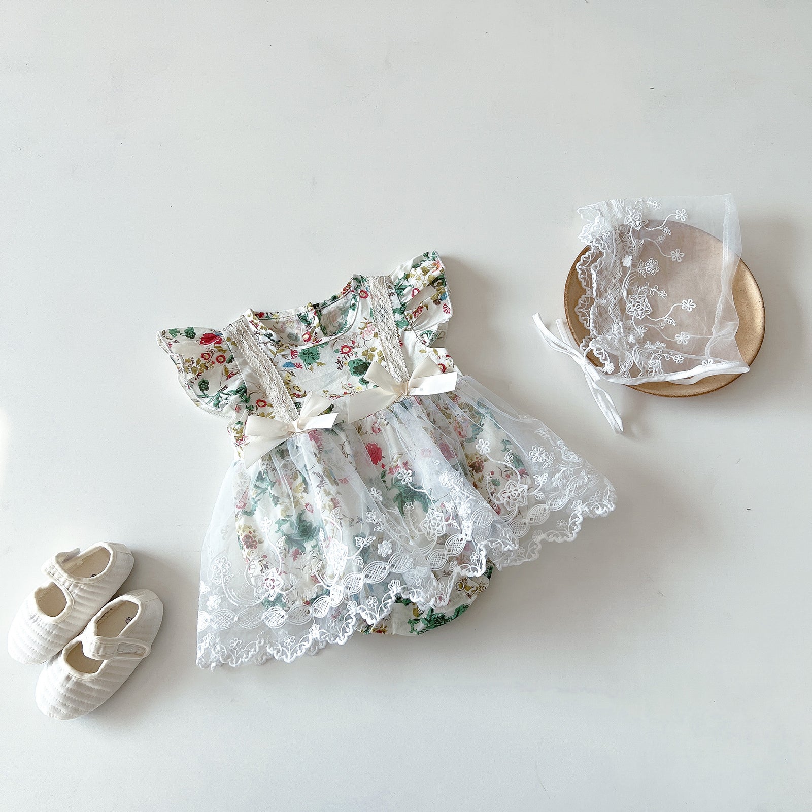 Baby Flying Sleeve Floral Mesh Romper 1Pcs