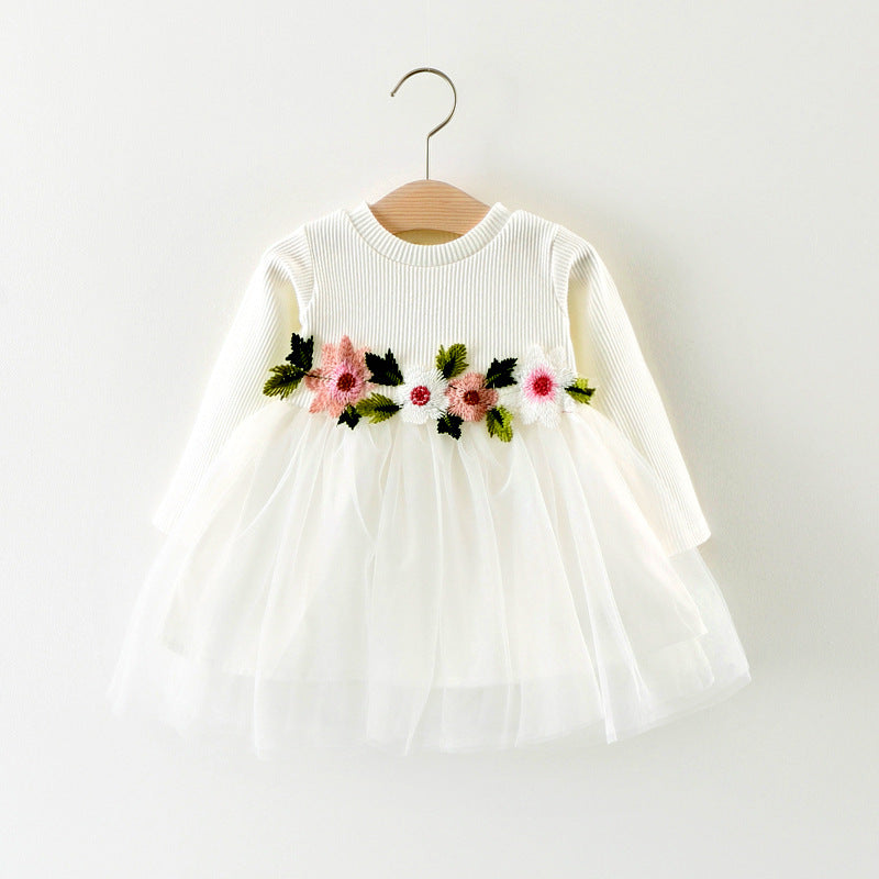 Children's Waist Flower Long Sleeve Dress