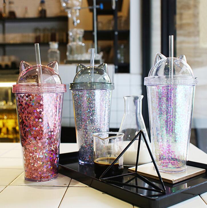 Cat Ear Double Drinking Bottle with Straw Flash