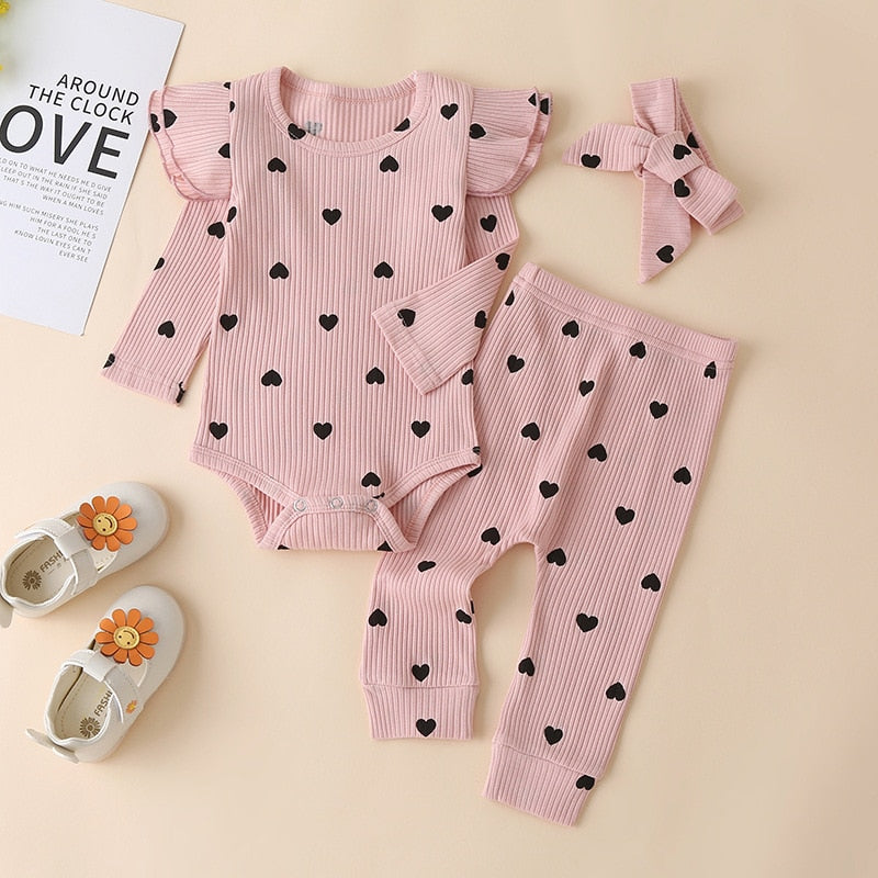 Striped Multicolor Long Sleeve Romper Love Print Three-piece Set