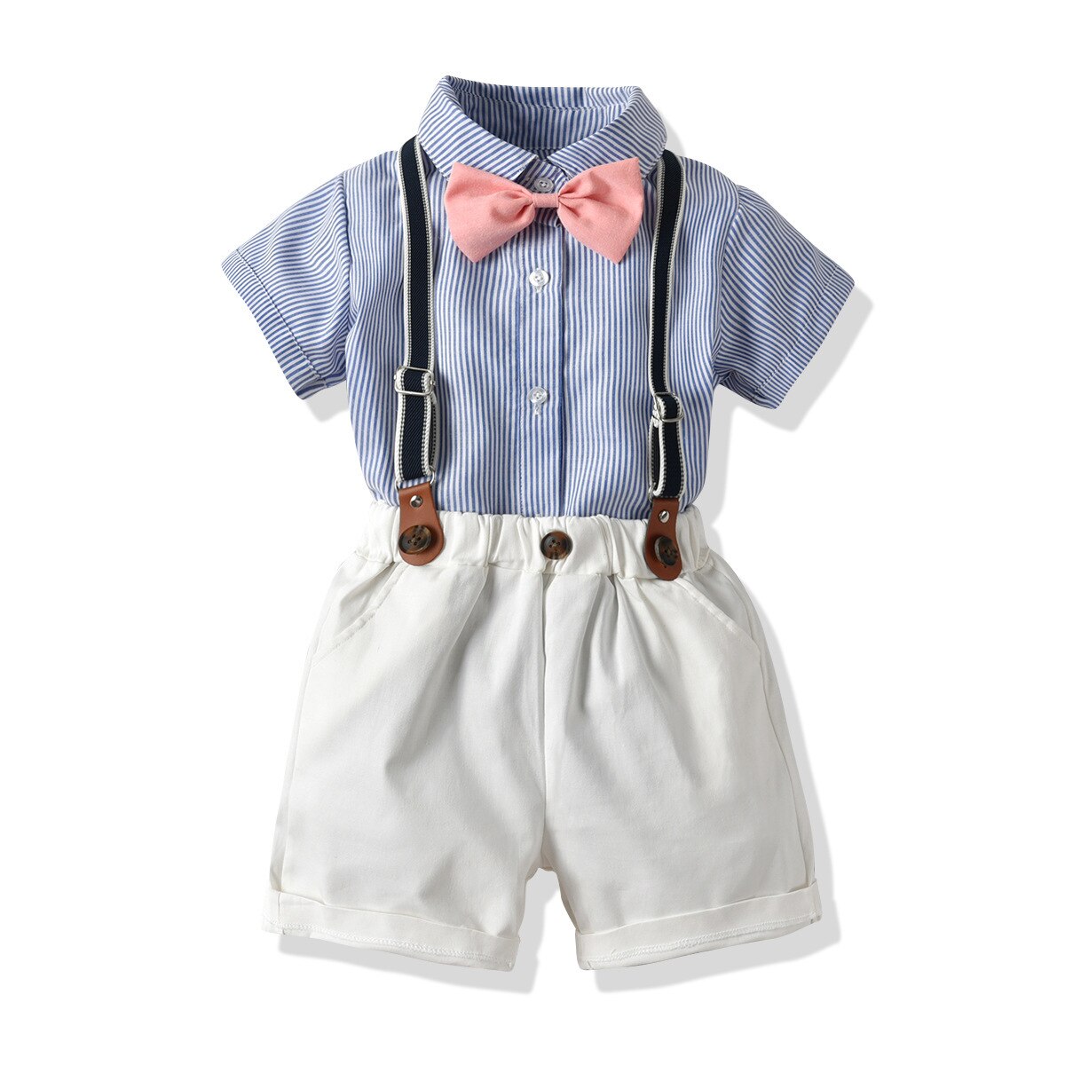 Boy's Gentleman Suit  Short-Sleeved Striped Shirt Bow Tie