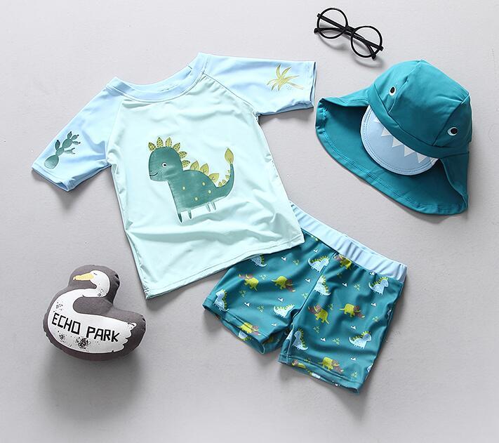 Boy Baby  Dinosaur Swimsuit Surfing Suit + Sun Cap