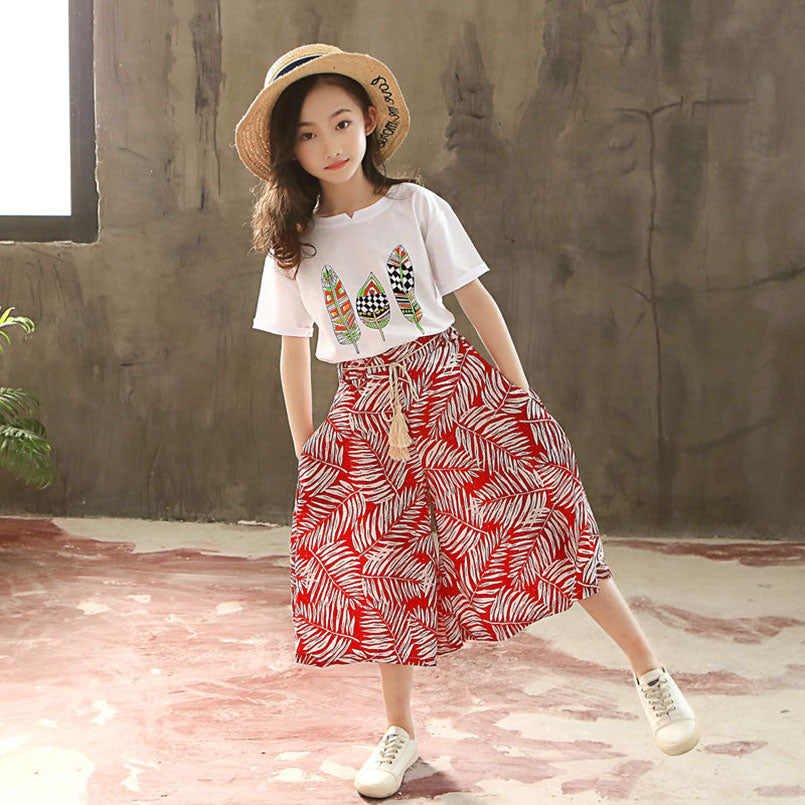 Summer Girls Short Sleeve Printed  2pcs
