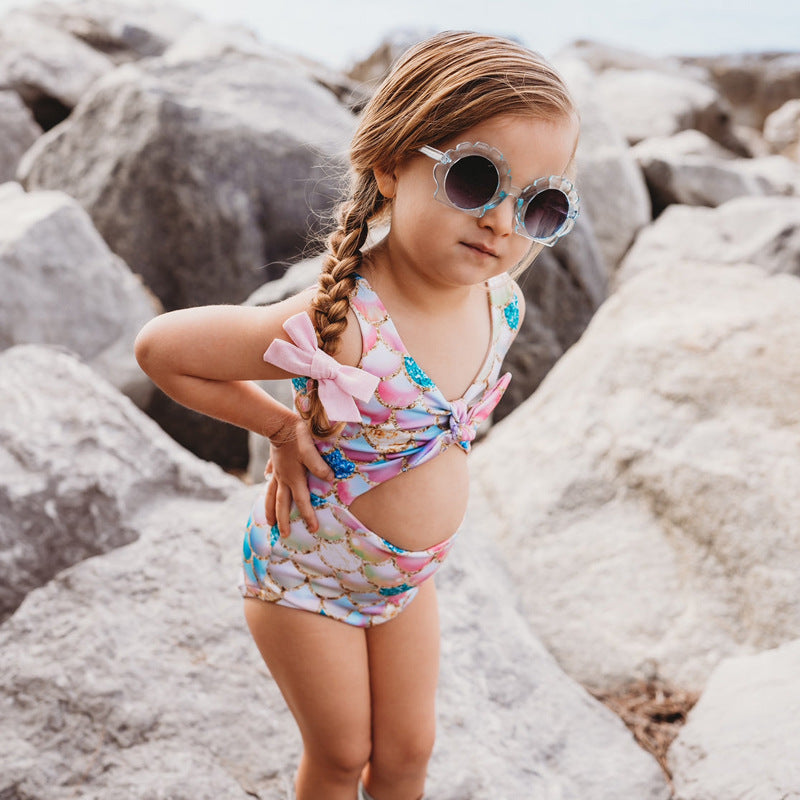 One Piece Printed Mermaid Sleeveless Hollow One Piece Swimsuit