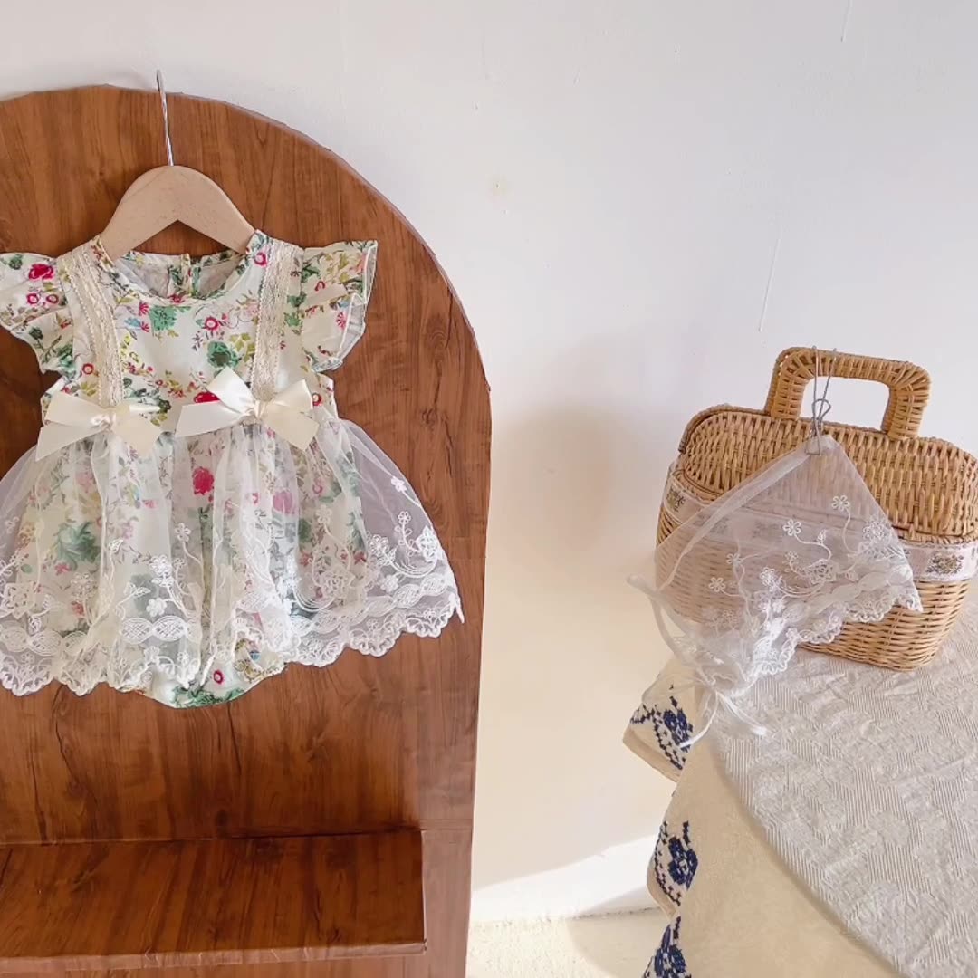 Baby Flying Sleeve Floral Mesh Romper 1Pcs