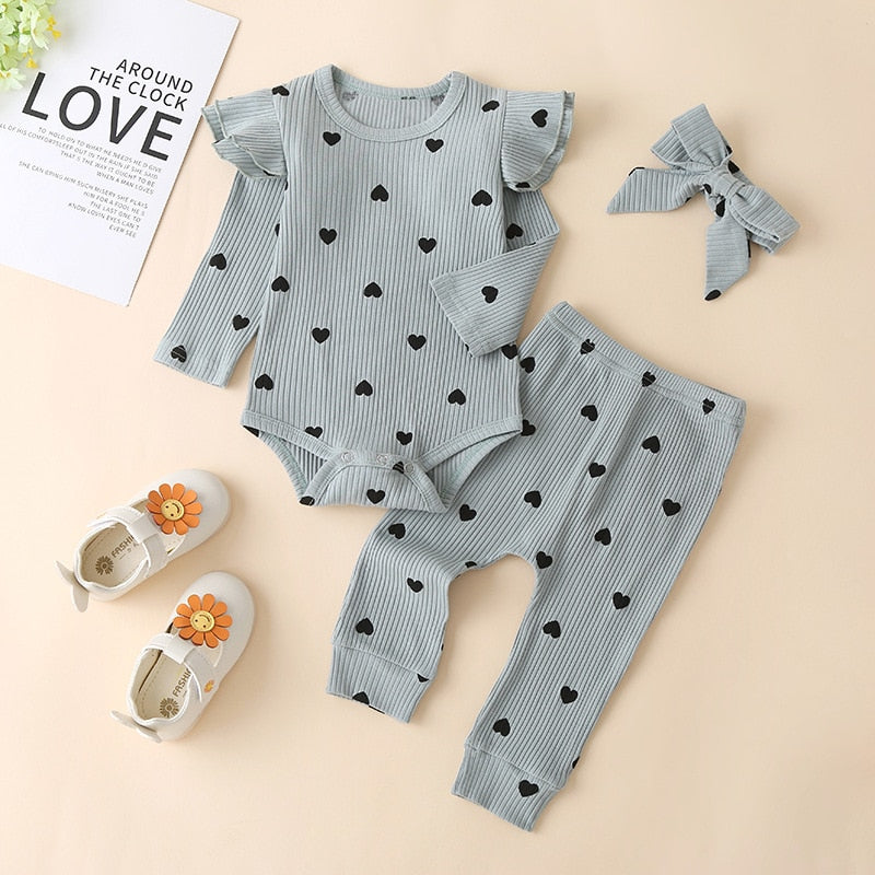 Striped Multicolor Long Sleeve Romper Love Print Three-piece Set