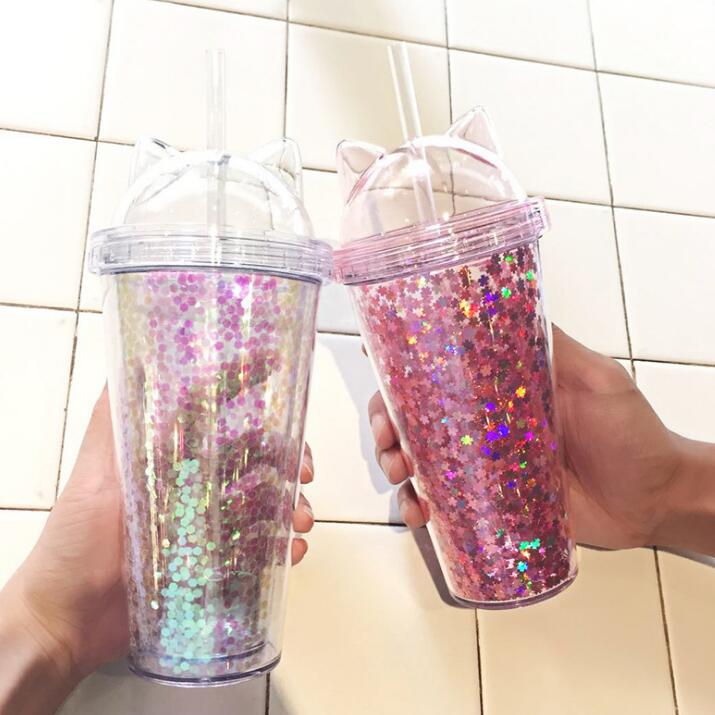 Cat Ear Double Drinking Bottle with Straw Flash