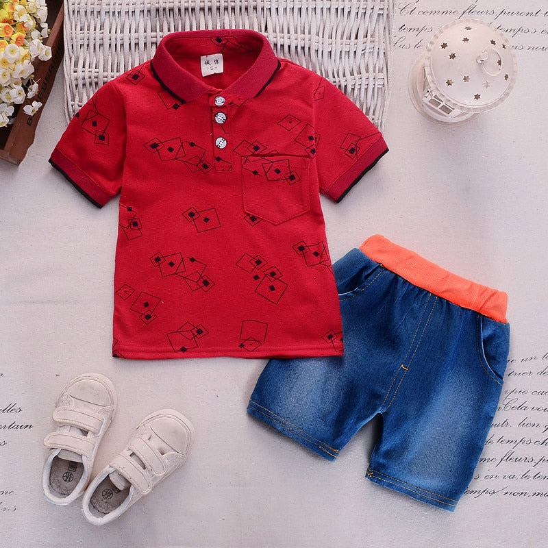 short sleeve lapel print T-shirt + pants 2 pieces