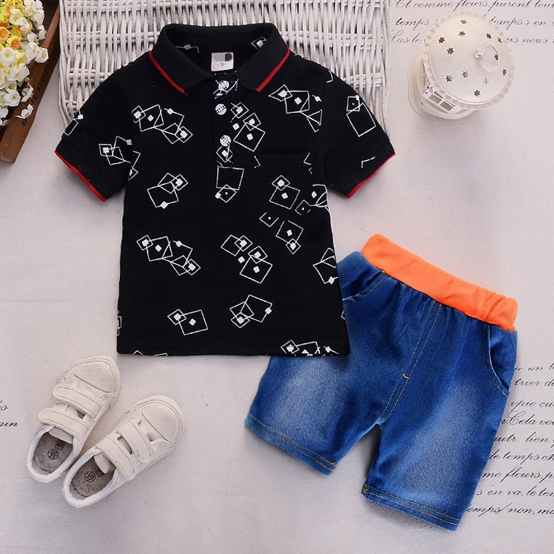 short sleeve lapel print T-shirt + pants 2 pieces