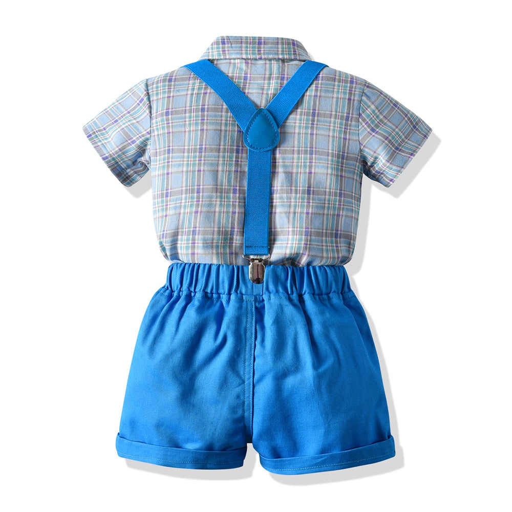 Plaid Tops +Suspender Short Pant Clothes Suit