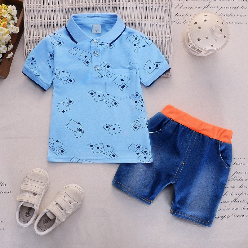 short sleeve lapel print T-shirt + pants 2 pieces