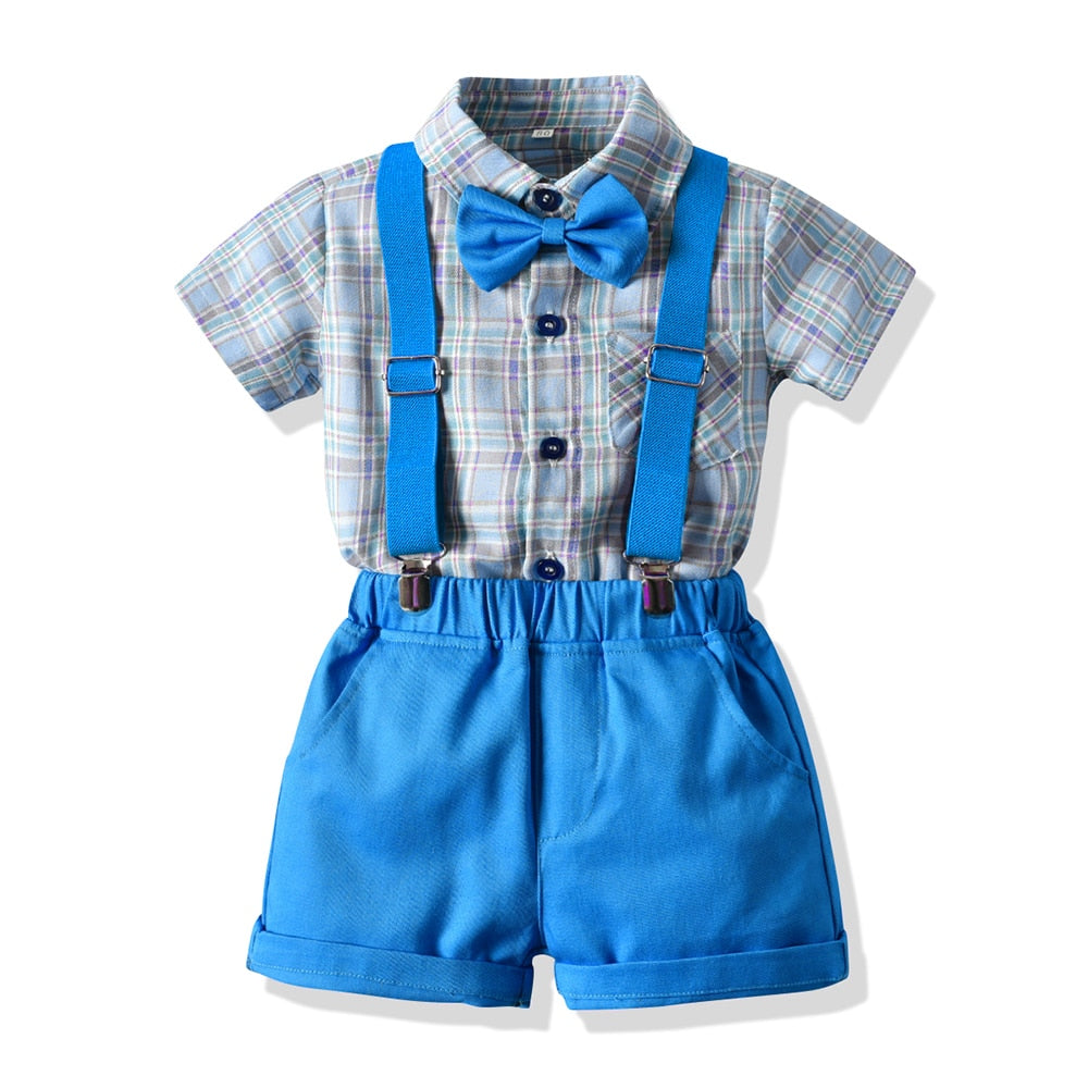 Plaid Tops +Suspender Short Pant Clothes Suit