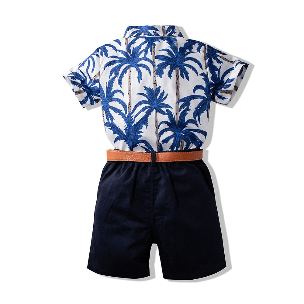 Hawaiian Style Short Sleeve Button Down Shirt + Short Pants + Waist Band Suits