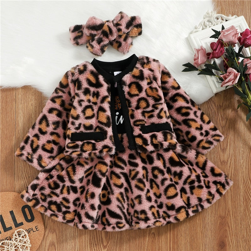 Leopard 3Pcs Fashion Long-sleeved Letter Patchwork Dress