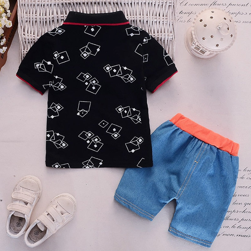 short sleeve lapel print T-shirt + pants 2 pieces