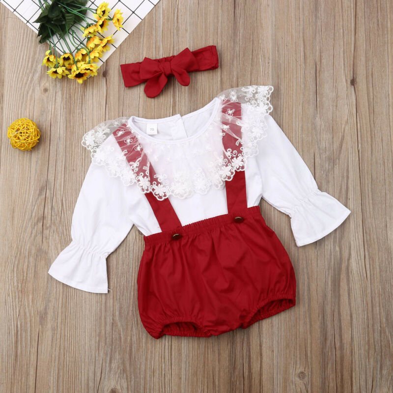 Lace Long Sleeve Tops + Shorts Overall + Headband