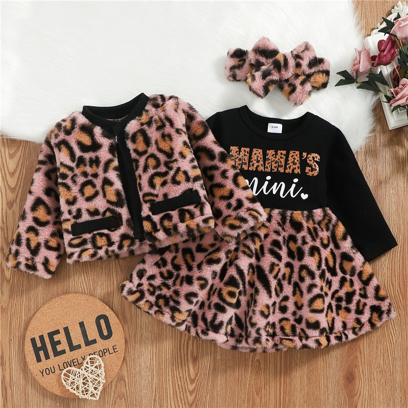 Leopard 3Pcs Fashion Long-sleeved Letter Patchwork Dress