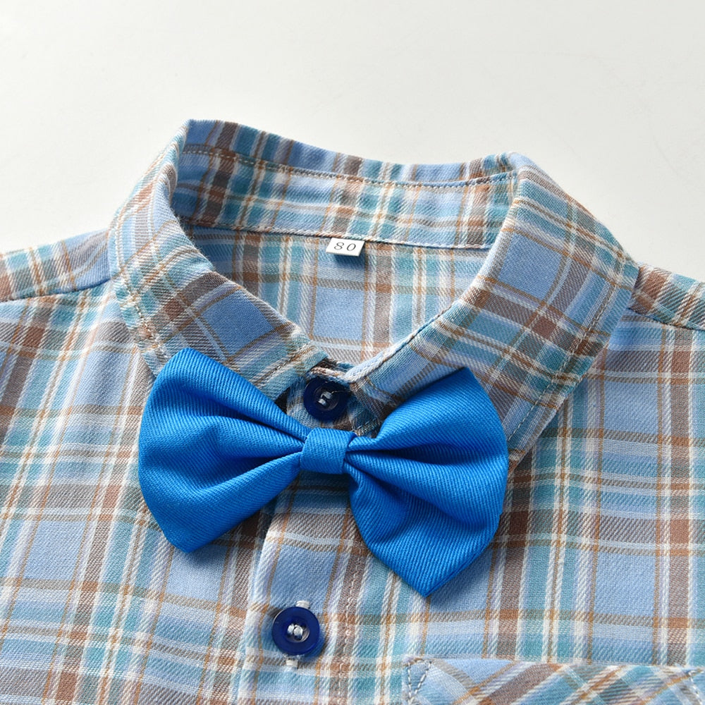 Plaid Tops +Suspender Short Pant Clothes Suit