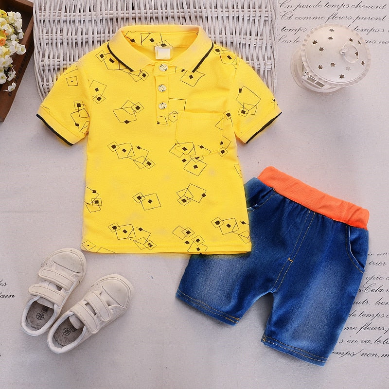short sleeve lapel print T-shirt + pants 2 pieces