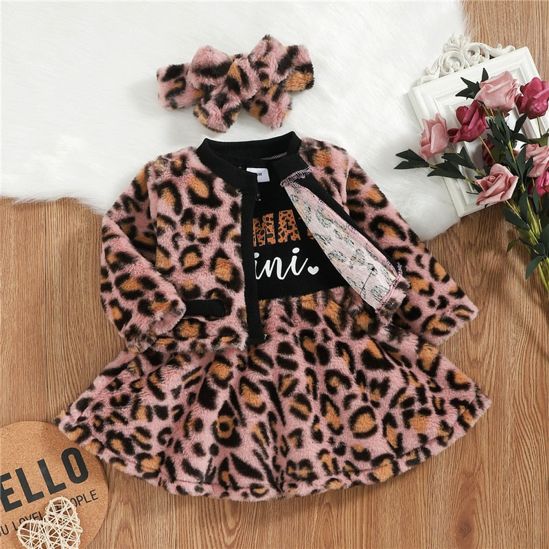 Leopard 3Pcs Fashion Long-sleeved Letter Patchwork Dress