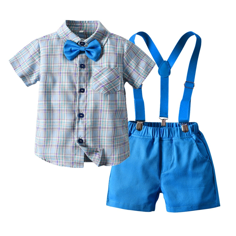 Plaid Tops +Suspender Short Pant Clothes Suit