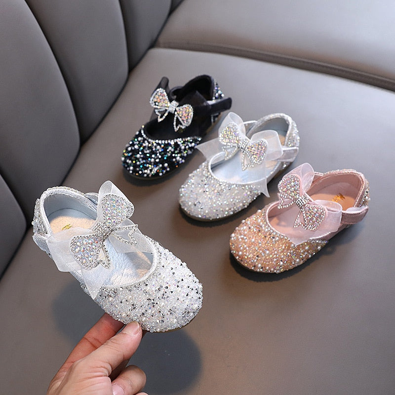 Leather Rhinestone Girls Bowknot Shoes