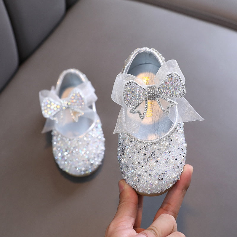 Leather Rhinestone Girls Bowknot Shoes